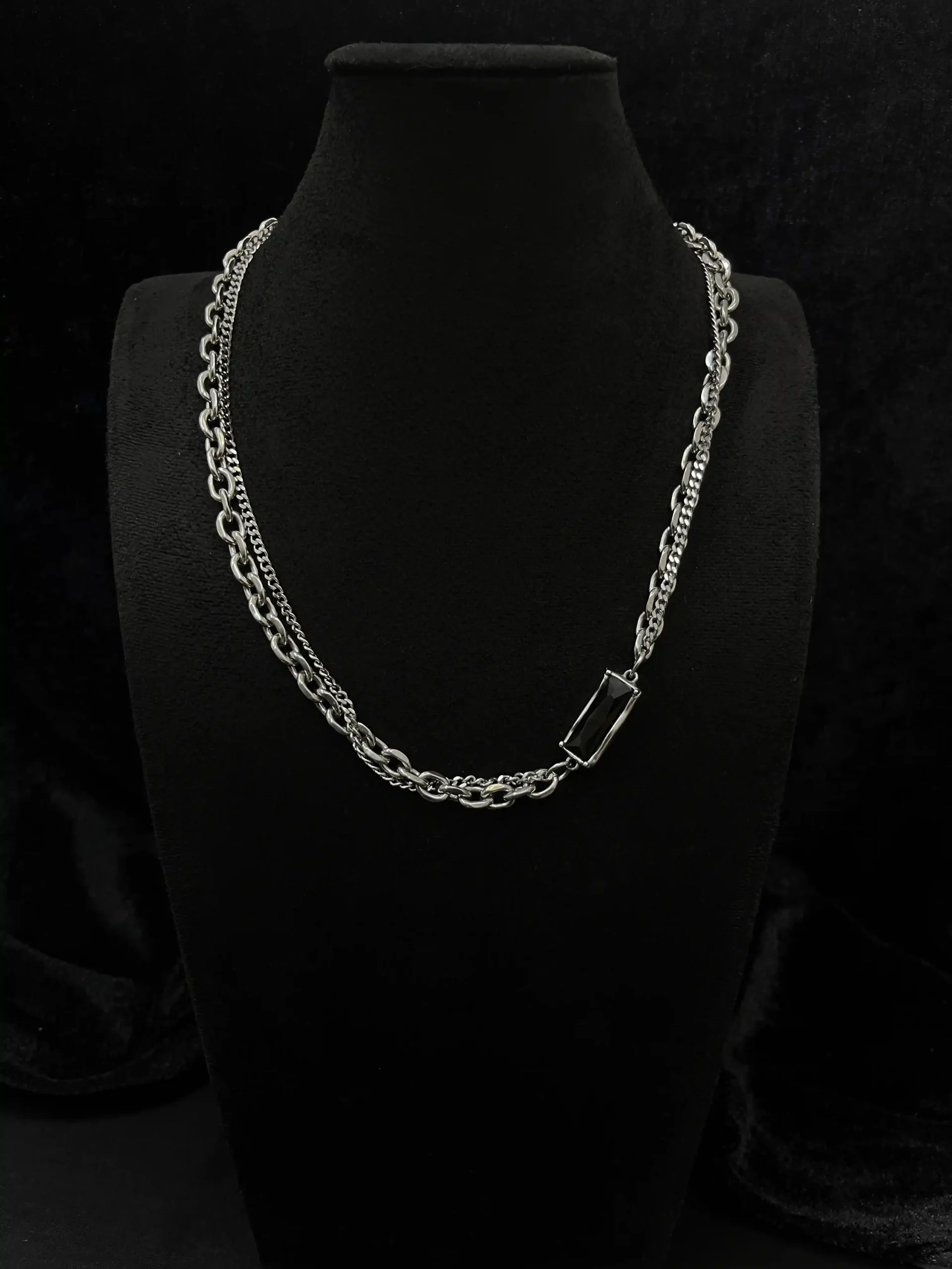 Black CZ Bar Double-Chain Necklace - Image 4