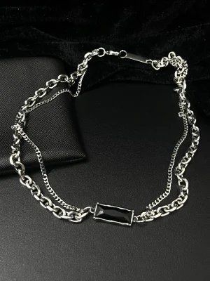 Black CZ Bar Double-Chain Necklace