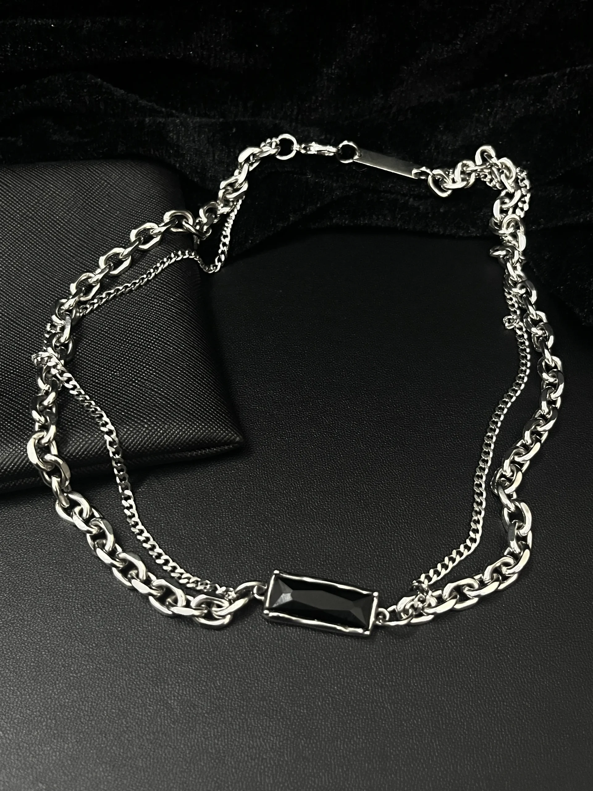 Black CZ Bar Double-Chain Necklace