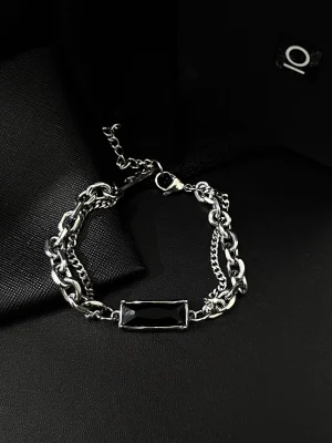 Black CZ Bar Double-Chain Bracelet