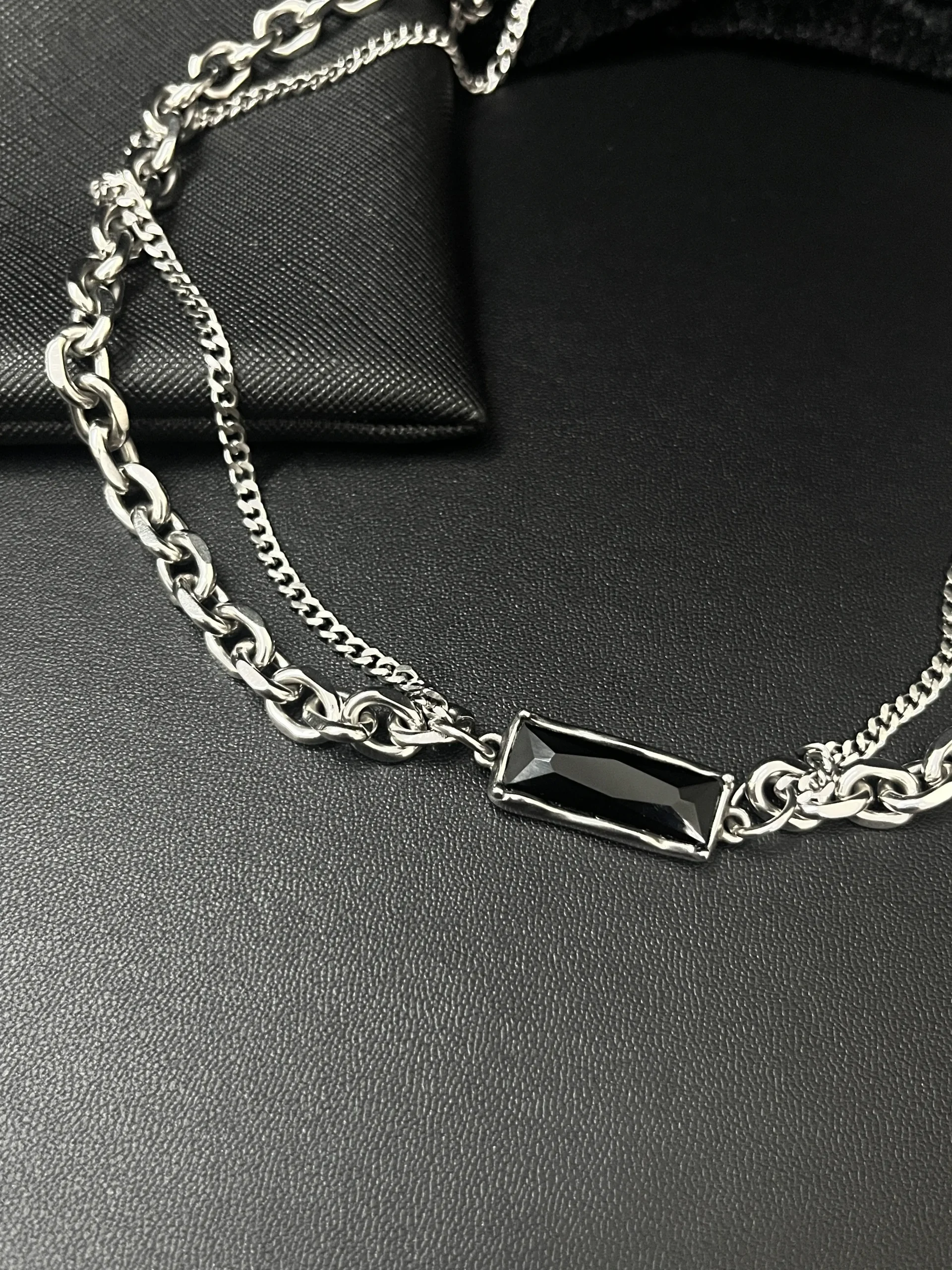 Black CZ Bar Double-Chain Necklace - Image 2