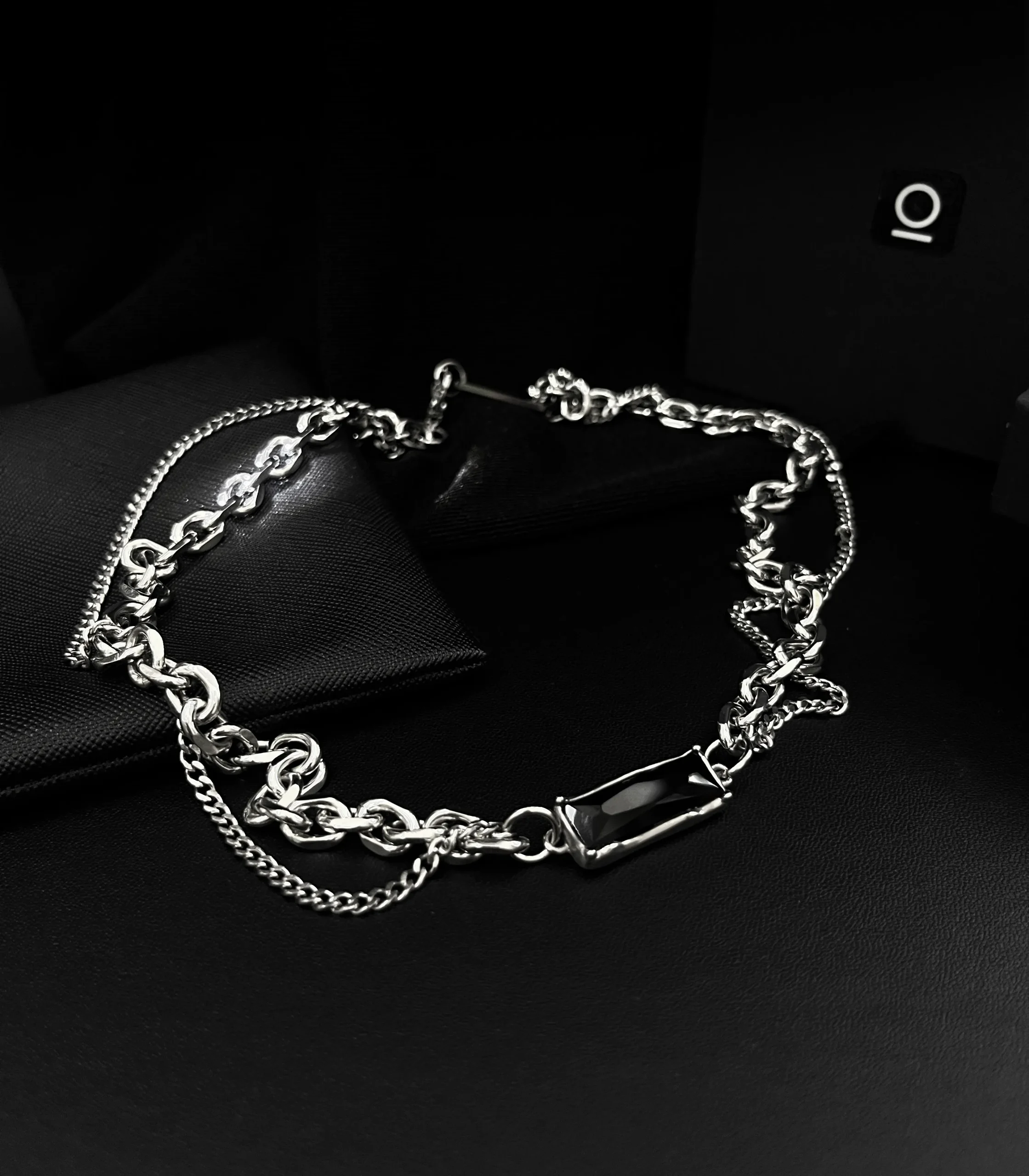 Black CZ Bar Double-Chain Necklace - Image 3