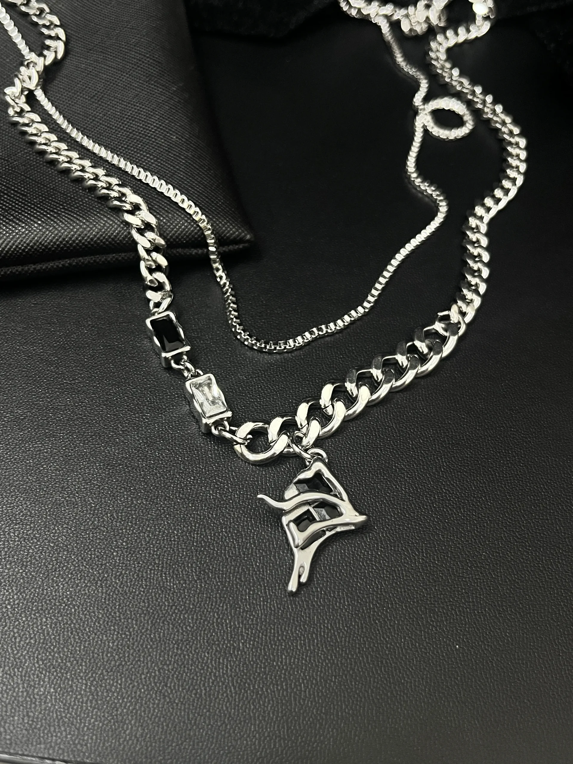 Molten Star Black & White CZ Layered Chain Necklace - Image 2