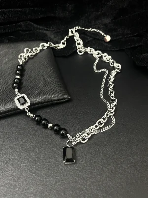 Black Onyx & CZ Asymmetric Layered Chain Necklace
