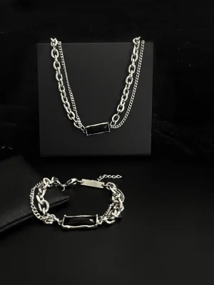Black CZ Bar Double-Chain Necklace & Bracelet Set