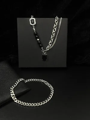 Black Onyx & CZ Asymmetric Layered Chain Necklace & Cuban Link Chain Bracelet