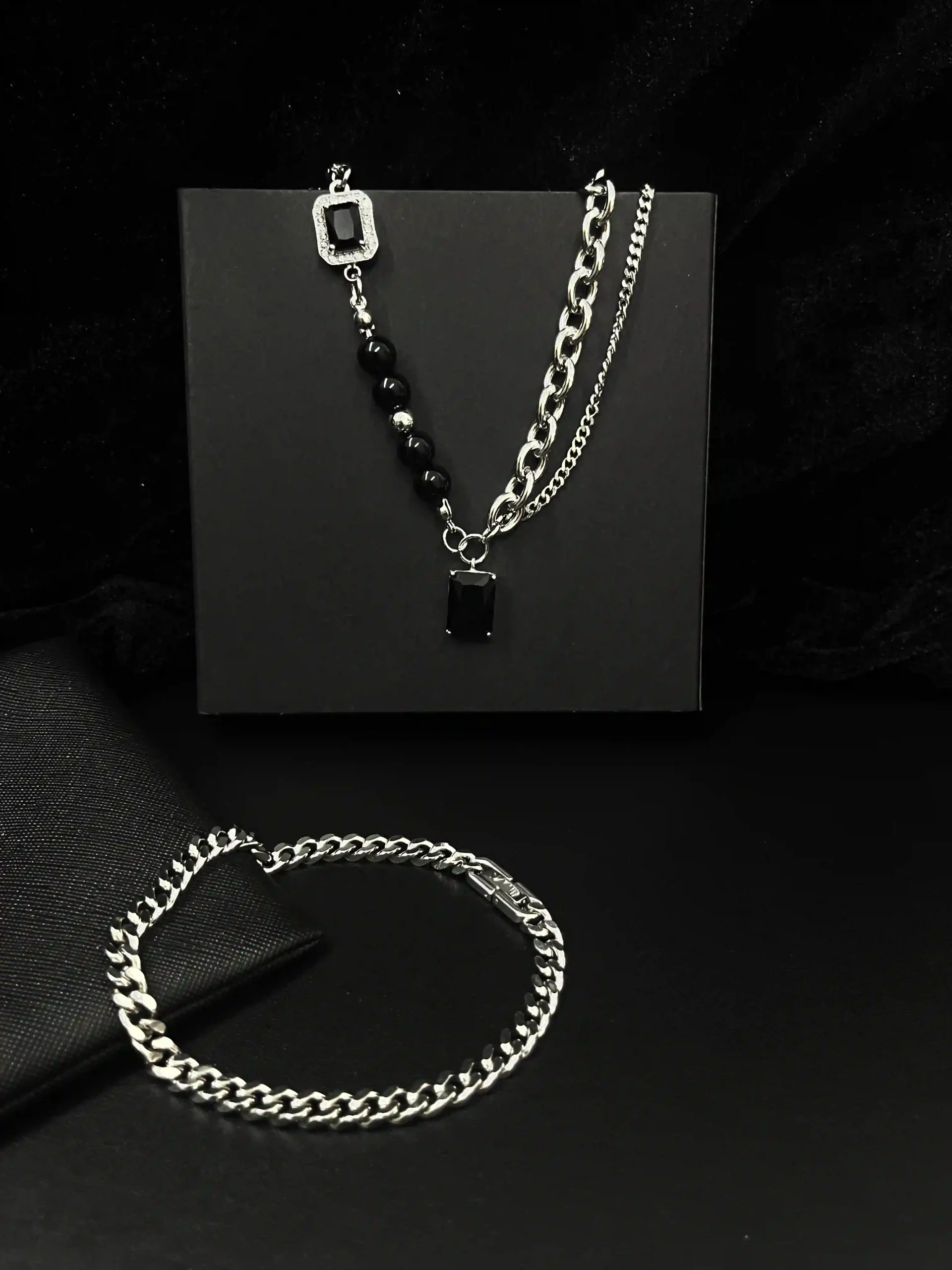 Black Onyx & CZ Asymmetric Layered Chain Necklace & Cuban Link Chain Bracelet