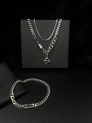 Molten Star Black & White CZ Layered Chain Necklace & Cuban Link Chain Bracelet