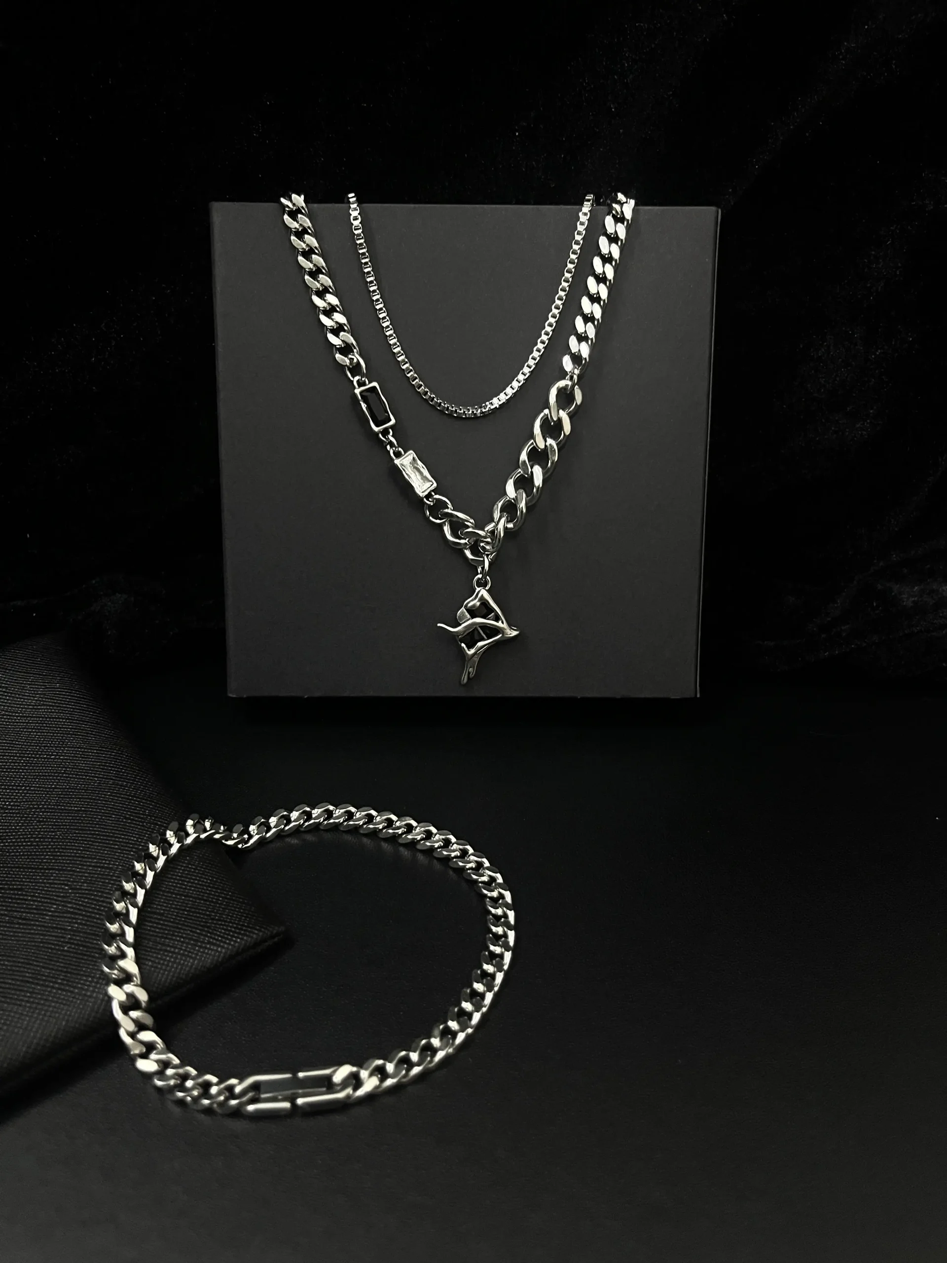 Molten Star Black & White CZ Layered Chain Necklace & Cuban Link Chain Bracelet