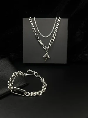 Molten Star Black & White CZ Layered Chain Necklace & Black CZ Bar Double-Chain Bracelet