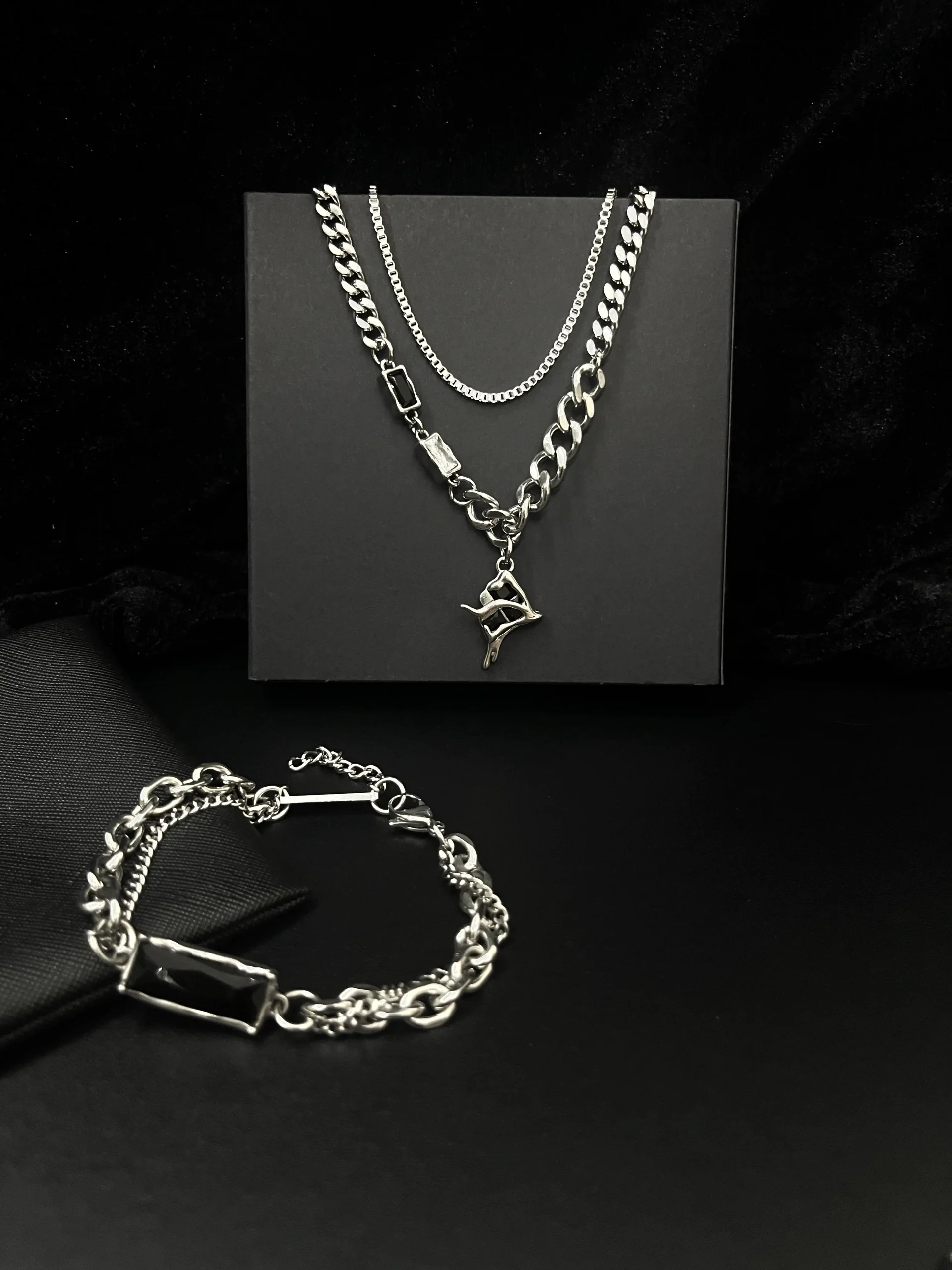 Molten Star Black & White CZ Layered Chain Necklace & Black CZ Bar Double-Chain Bracelet