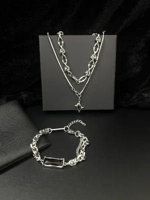 Noir Eclipse Necklace + Black CZ Bar Bracelet Set