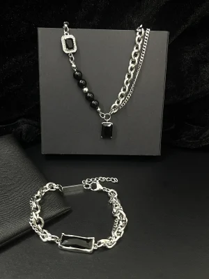 Black Onyx & CZ Asymmetric Layered Chain Necklace & Black CZ Bar Double-Chain Bracelet