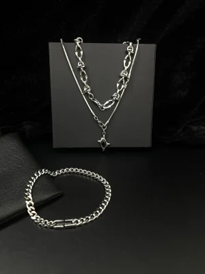 Black CZ Bar Double-Chain Necklace & Cuban Link Chain Bracelet