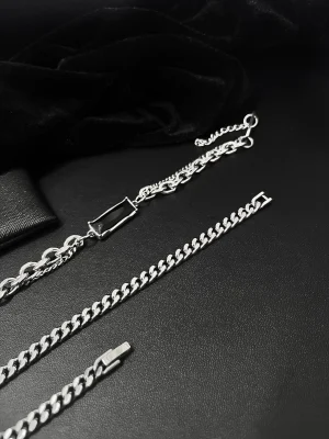 Cuban Link Chain Bracelet & Black CZ Bar Double-Chain Bracelet Stack