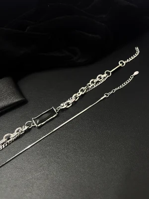 Black CZ Bar Double-Chain Bracelet & Snake Chain Bracelet Stack