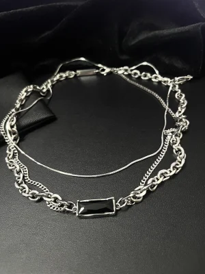 Black CZ Bar Double-Chain Necklace & Snake Chain Necklace Stack