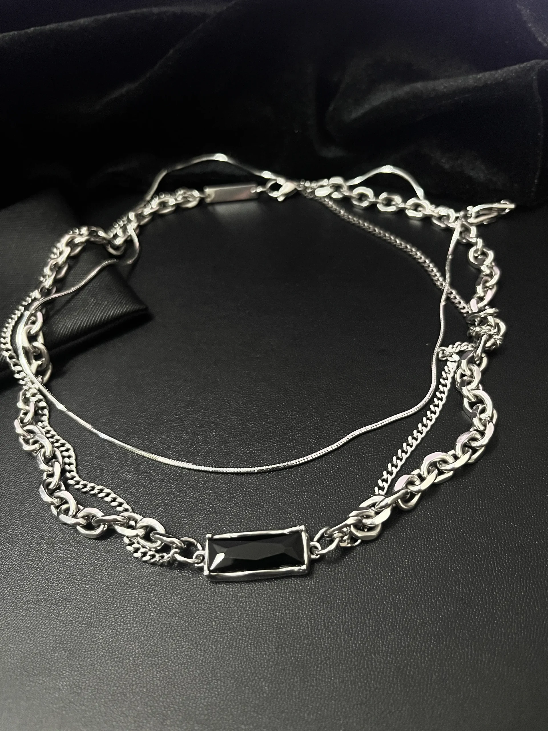 Black CZ Bar Double-Chain Necklace & Snake Chain Necklace Stack